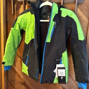Spyder boys ski jacket, green & black with blue zippers.